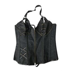 Steampunk Denim & Faux Leather Corset Top Halter Gothic Punk Biker Lacing Small